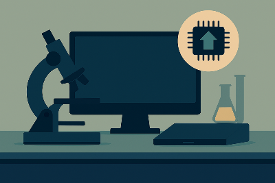 A computer, miroscope, and two beakers