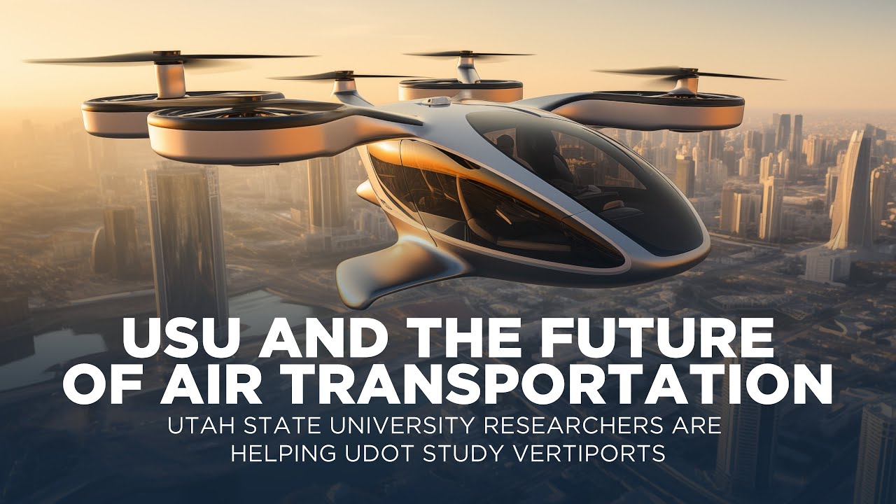 Flying card with text "USU and the future of air transportation. Utah State University researchers are helping UDOT study vertiports"