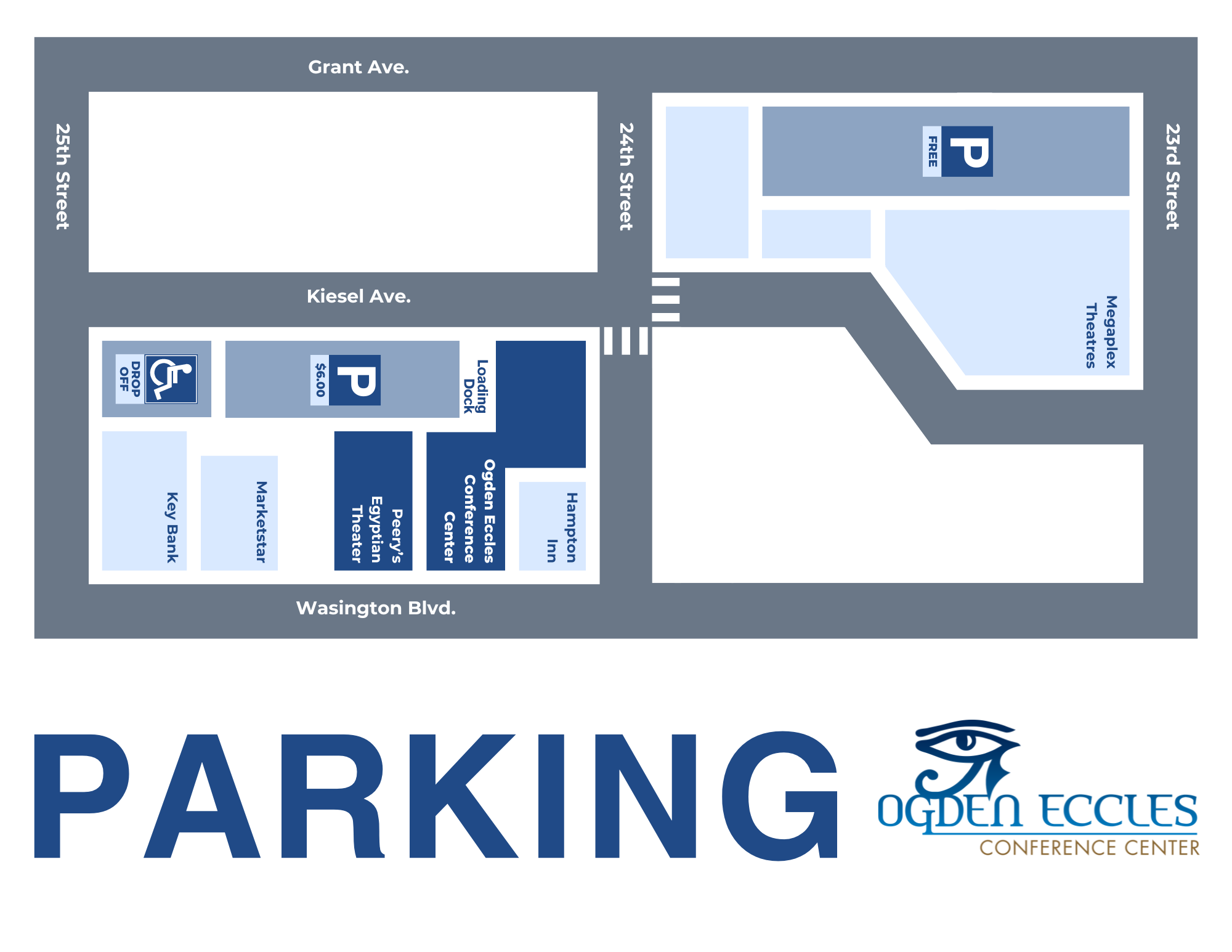 Free parking is available at the Ogden Megaplex across the street from the Ogden Eccles Conference Center between 24th and 23rd street on Grant Avenue. Paid parking for $6 is available next to the Conference Center and Peery's Egyptian Theater.