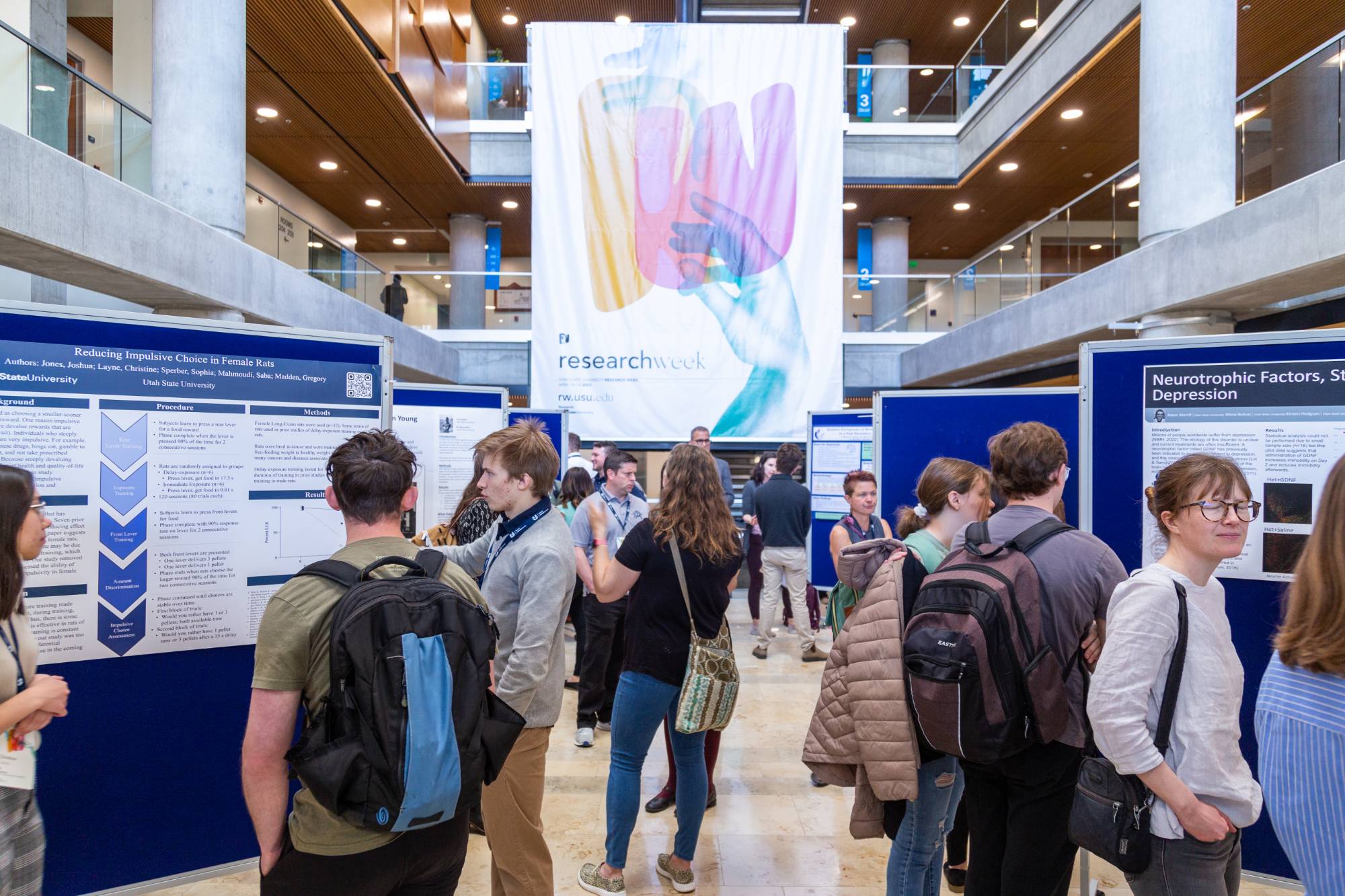 Students engage in displays at the Student Research Symposium