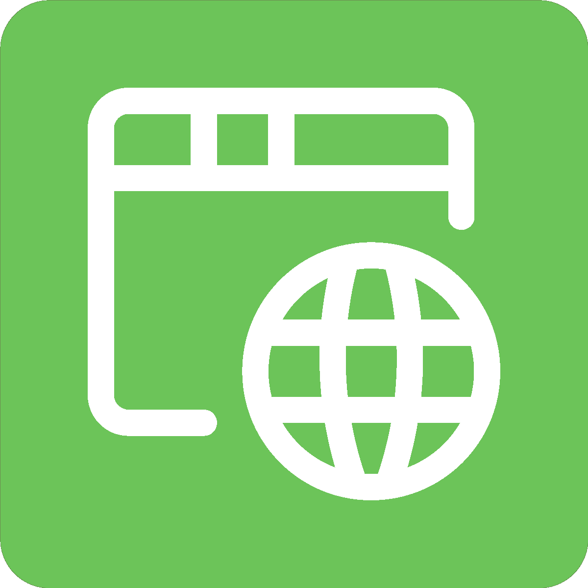 Bright green rounded square containing a white icon of an internet browser and a network globe