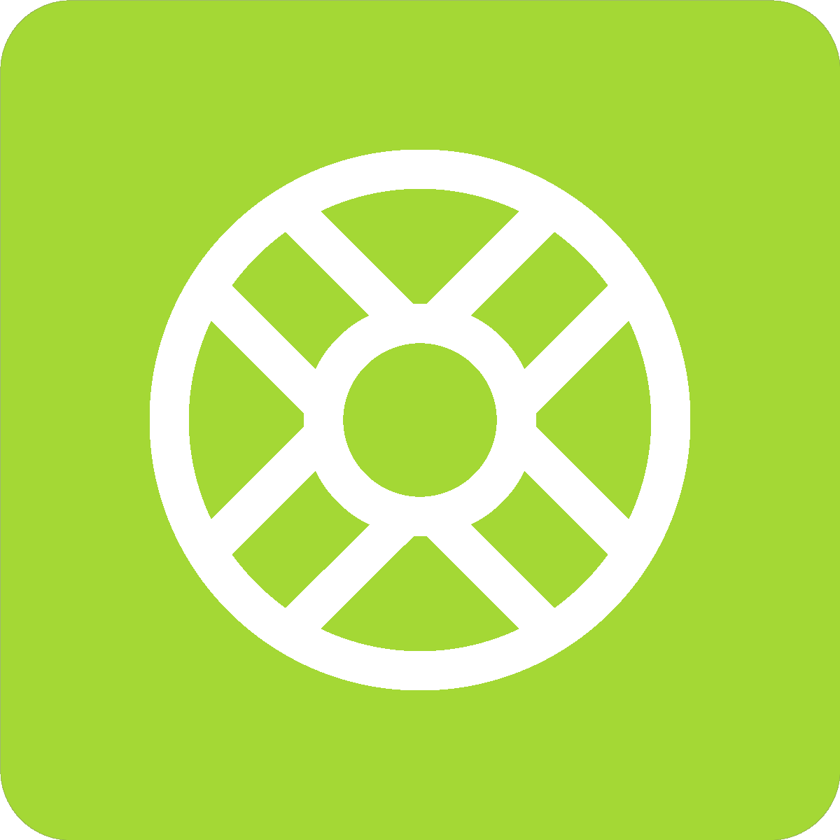 Bright green rounded square containing a white icon of a lifebuoy