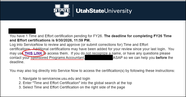 Email notification stating a Time and Effort certification is pending for FY26, with a highlighted link to access the certification and instructions for logging directly into ServiceNow.