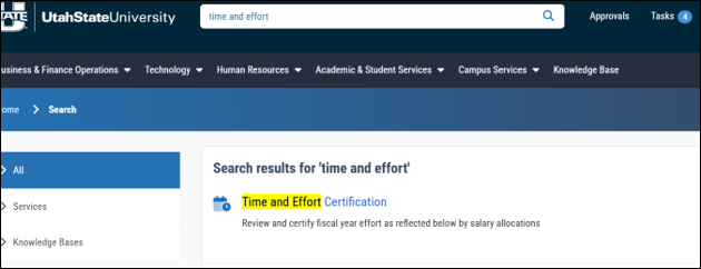 ServiceNow global search with "time and effort" entered, showing the Time and Effort Certification result in the search results list.