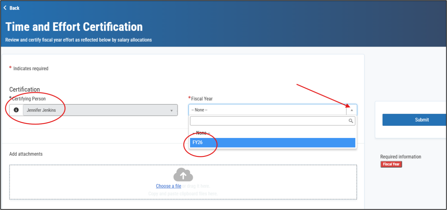 Time and Effort Certification form with the Certifying Person field, the Fiscal Year dropdown menu, and FY26 selected from the dropdown list.