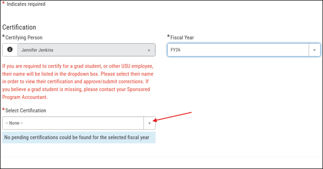 Certification form showing the Select Certification dropdown with the message "No pending certifications could be found for the selected fiscal year."