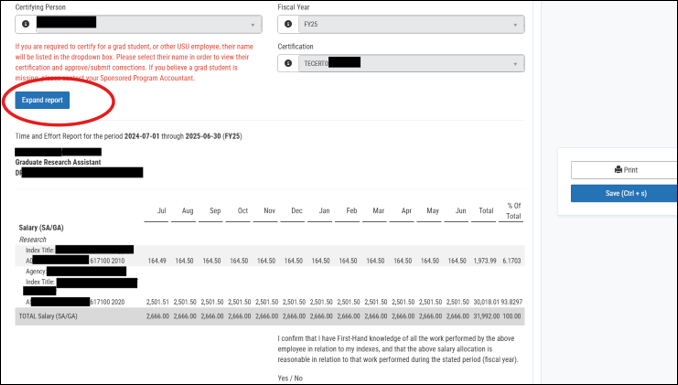 Certification review screen showing the Expand Report button and a Time and Effort report with monthly salary amounts by index, totals, percent of total, and the Yes/No confirmation statement.