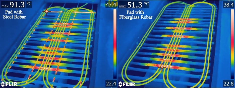 Thermal image comparison of steel rebar and fiberglass rebar.