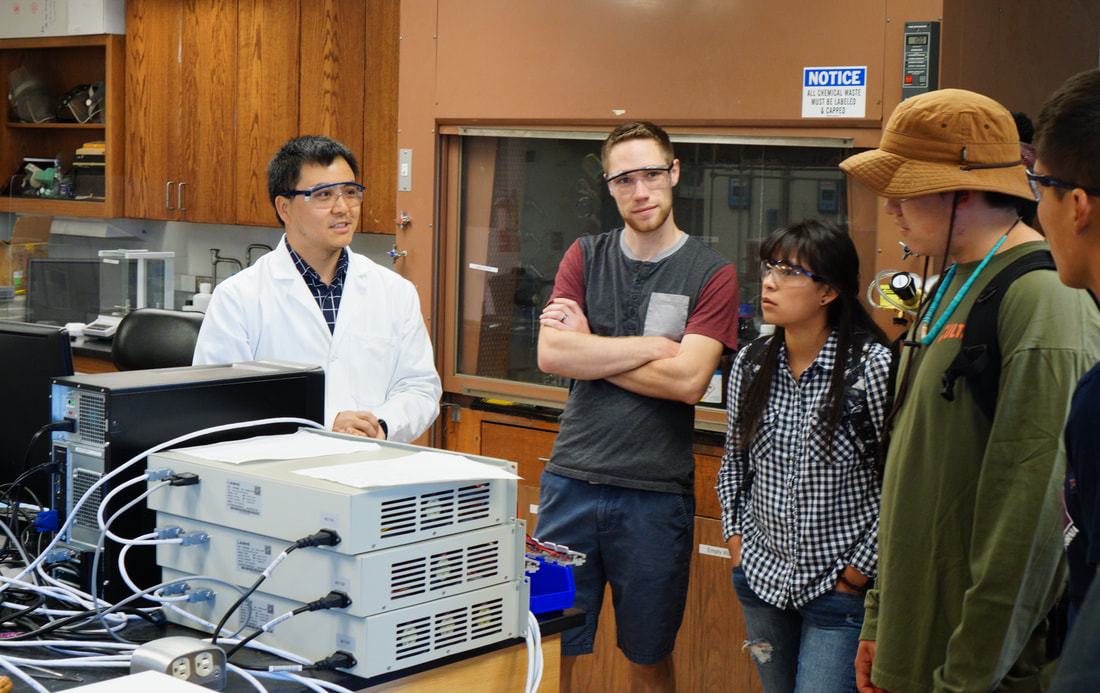 Professor teaching a number of students and visitors in his lab.