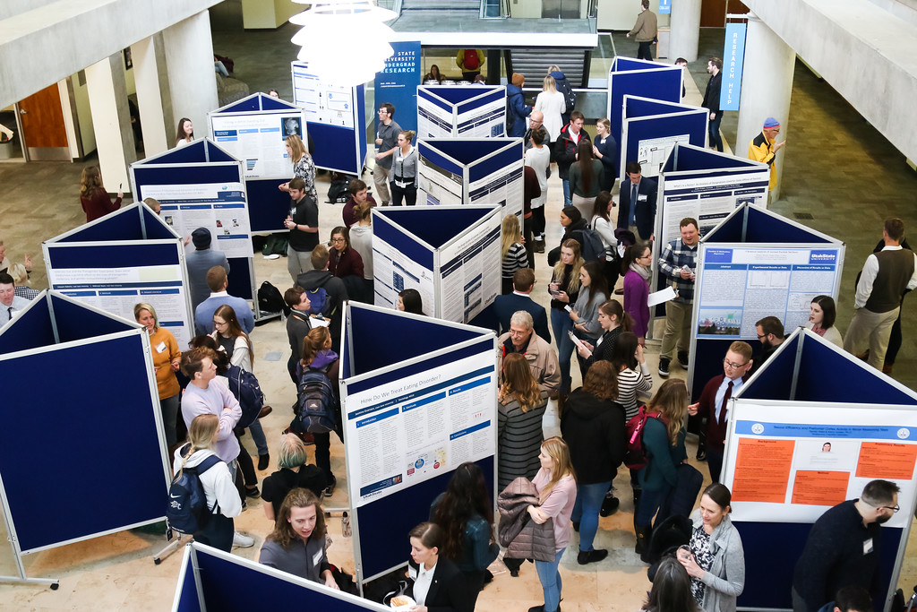 A research symposium with many different projects on display